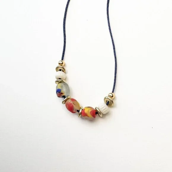 Recycled Glass Bead Necklace Ghana Satin Cord Colourful Minimalist Boho - Picture 5 of 9